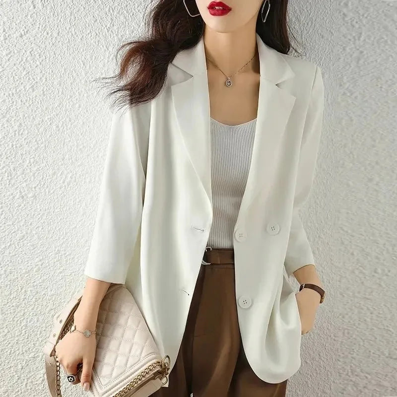 Women Solid Blazers Coat Fashion Slim Suits Female Casual Three-Quarter Sleeve Chic Tops Thin Office Lady Blazer Spring Summer