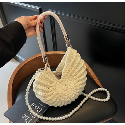 Fashion Conch Shaped Crochet Women Shoulde Bags Funny Cute Pearls Chains Handmade Weave Crossbody Bag Novelty Small Handbags