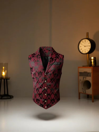 Victorian Floral Jacquard Men Suit Vest Formal Business Lapel Single Breasted Slim Fit Waistcoat Wedding Banquet Party Tops