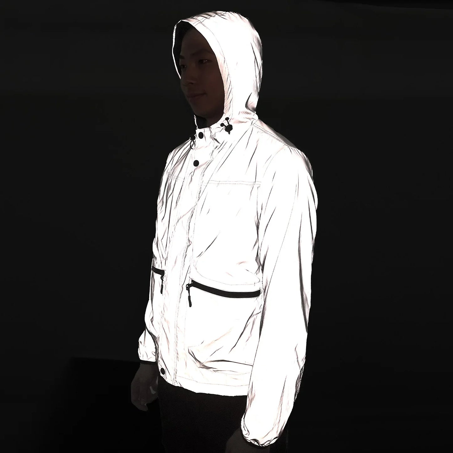Full Reflective Jacket with Hoodie High Visibility Waterproof Wind Breaker Men Women Hiking Cycling Running Safety Vest