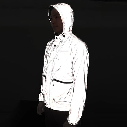 Full Reflective Jacket with Hoodie High Visibility Waterproof Wind Breaker Men Women Hiking Cycling Running Safety Vest