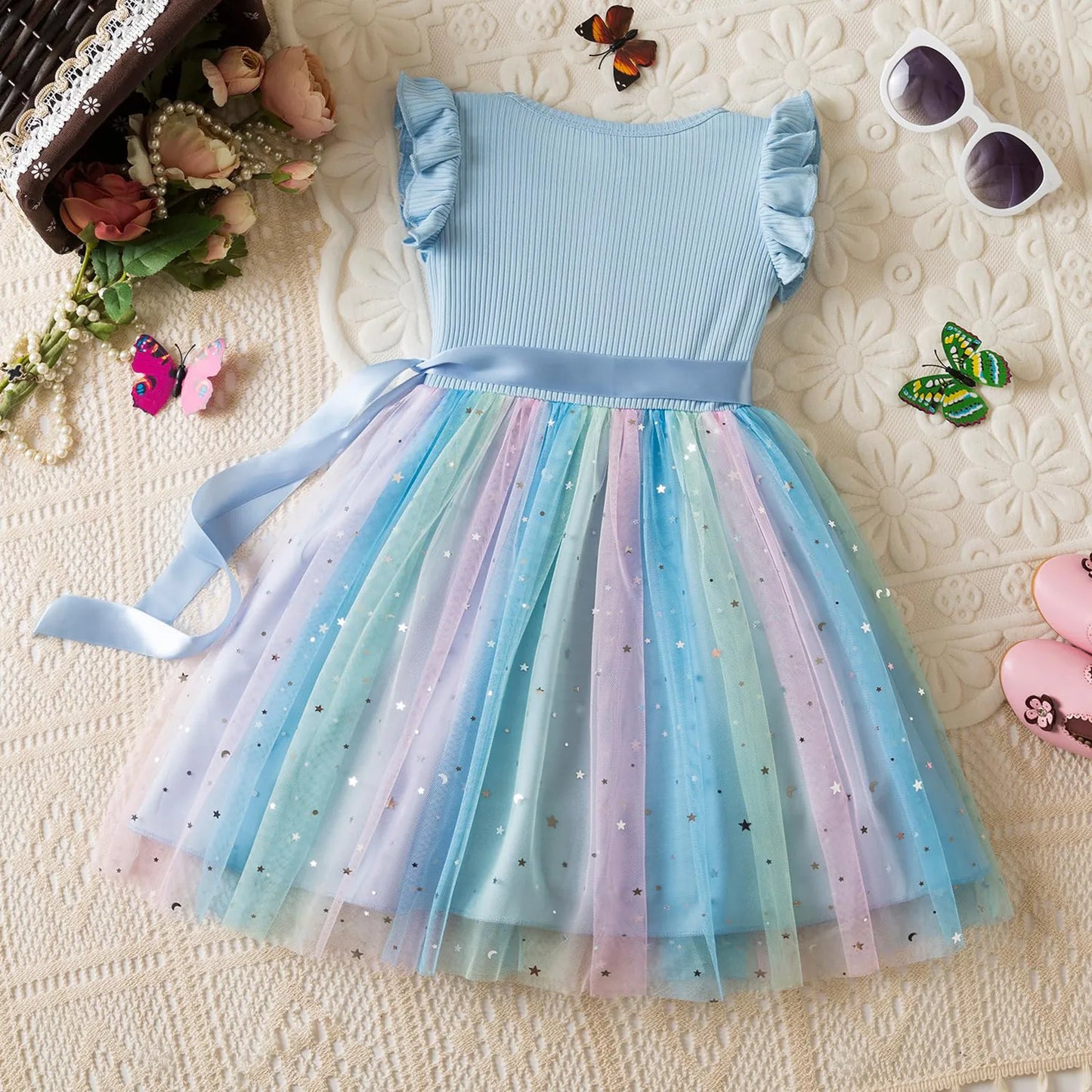 New Girls Dress for Sequins Birthday 1-5Y Toddler Girls Rainbow Tulle Dress Sweet Kids Princess Dress for Girls 2025 Summer Wear