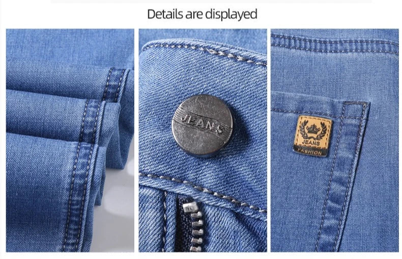 Men's Ice Silk Jeans Summer New Lyocell Thin Business Casual Denim Pants Classic All Match Slim Fit Straight Elastic Jean Male