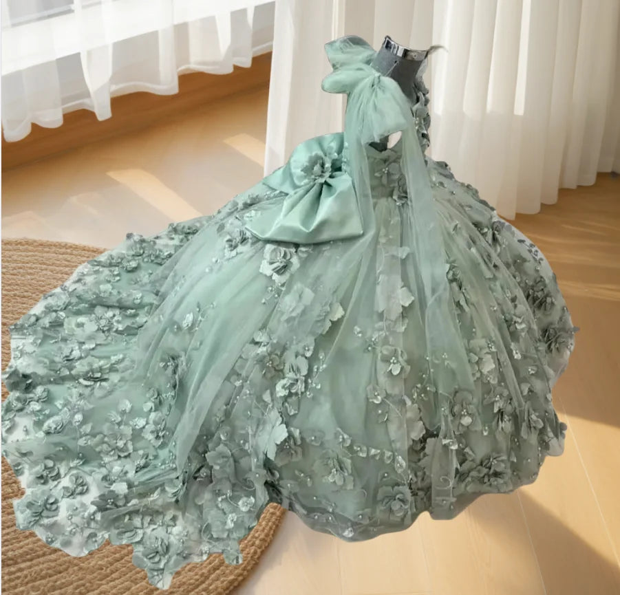 Customized Princess Ball Gown Dress Bow Lace Appliques Girl Kids Flowers Girls Dresses for Weddings Birthday Party Evening Dress