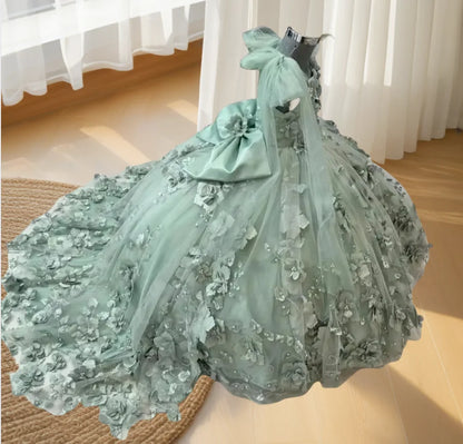 Customized Princess Ball Gown Dress Bow Lace Appliques Girl Kids Flowers Girls Dresses for Weddings Birthday Party Evening Dress