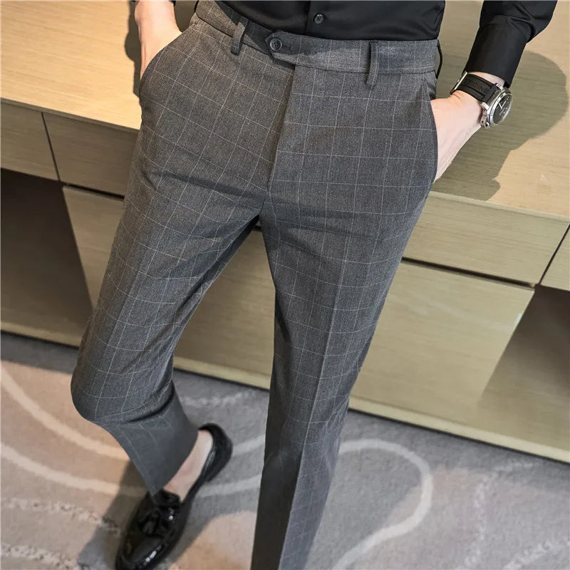 2026 High Quality Men's Plaid Striped Suit Pants Fashion Business Slim Fit Casual Straight Pants Formal Wedding Party Trousers