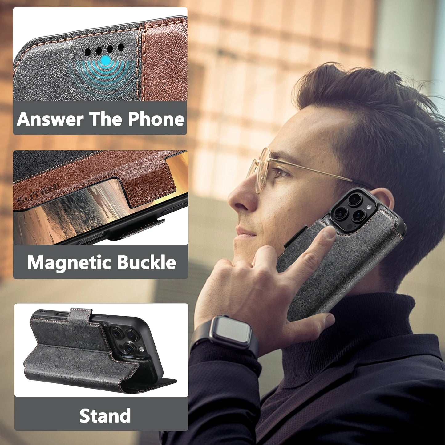 Faux Leather Wireless Charging Card Holder Stand Wallet Magnetic Flip Cover Phone Case For iPhone 16 Pro Max 15 Plus 14
