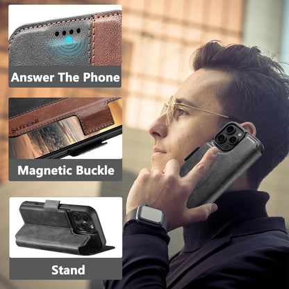 Faux Leather Wireless Charging Card Holder Stand Wallet Magnetic Flip Cover Phone Case For iPhone 16 Pro Max 15 Plus 14