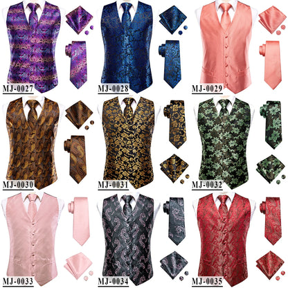 Wedding Coral Pink Mens Vest Silk Tie Set Adjustable Jacquard Waistcoat Jacket Necktie Hanky Cufflinks Formal Party Gifts