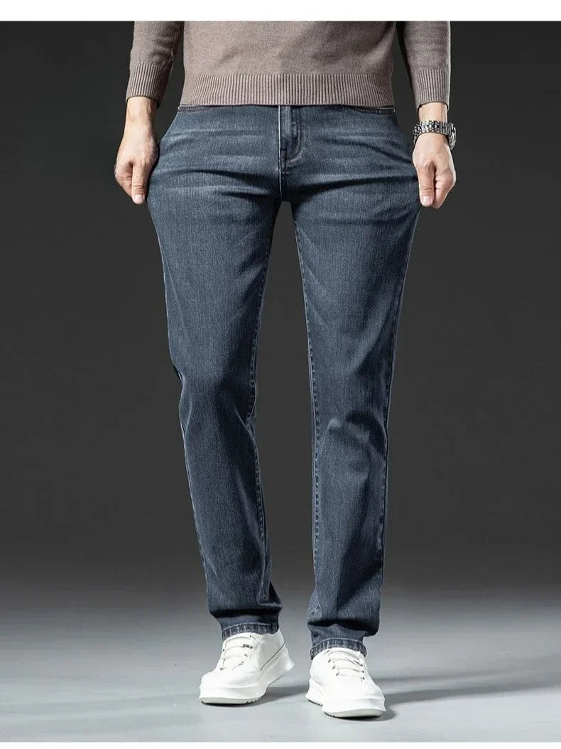 Winter Warm Men's Jeans Fleece Thickened Elastic Smoke Gray Black Business Straight Casual Denim Pants Brand Man PlushClothes