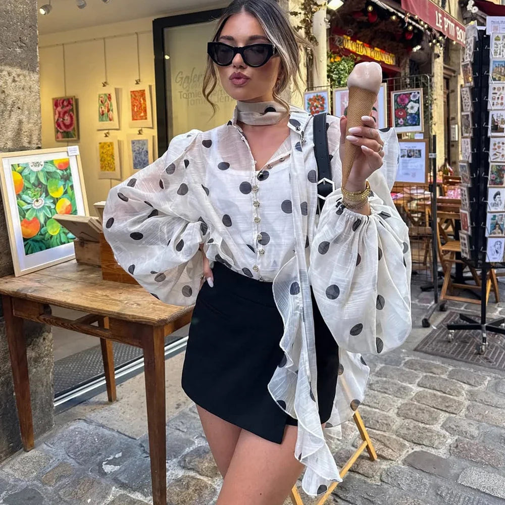 Ticketsx Polka Dot Ruffled Shirts Fashion Contrast Lace Up See Through Button Blouse Top Elegant Party High Street Women Shirt