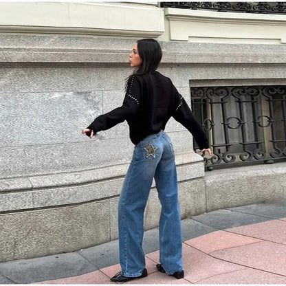 European and American Leopard Print Star Patch Jeans Street Women's High Waist Jeans Fashion Clothing Vintage Straight Trousers