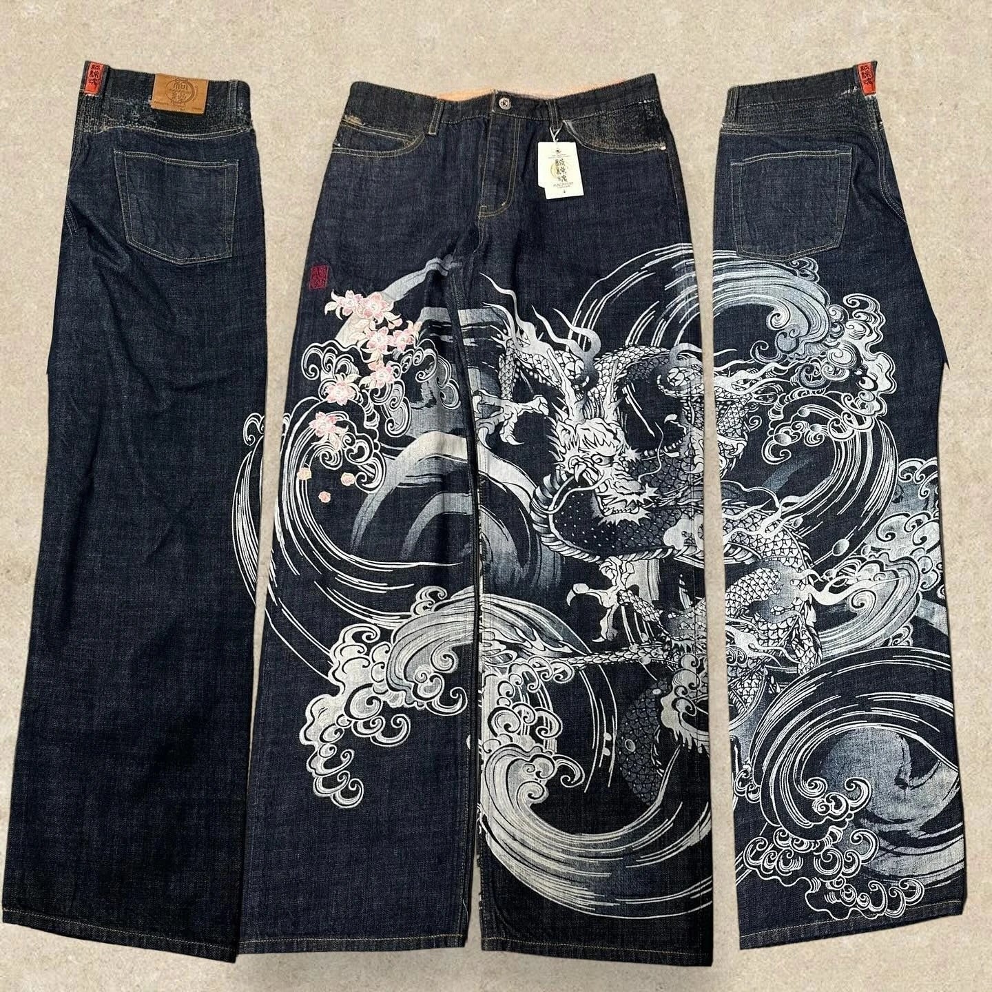 Japanese Harajuku Jeans Mens New Dragon High Quality Jeans Gothic Y2K Vintage Hip Hop Streetwear Denim Fabric Wide Leg Pants