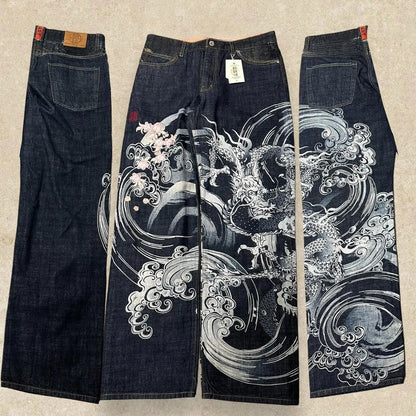 Japanese Harajuku Jeans Mens New Dragon High Quality Jeans Gothic Y2K Vintage Hip Hop Streetwear Denim Fabric Wide Leg Pants