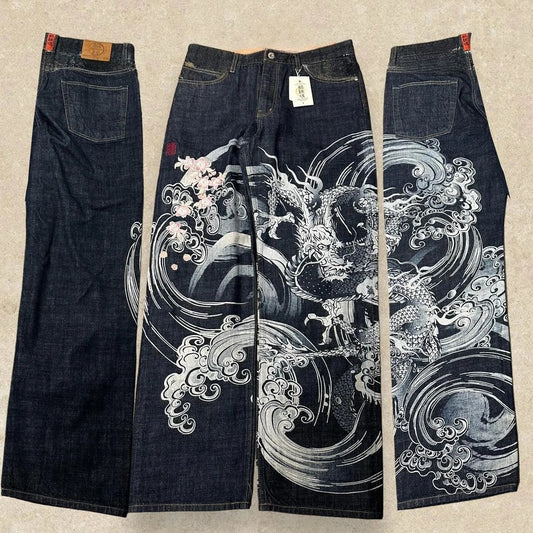 Japanese Harajuku Jeans Mens New Dragon High Quality Jeans Gothic Y2K Vintage Hip Hop Streetwear Denim Fabric Wide Leg Pants