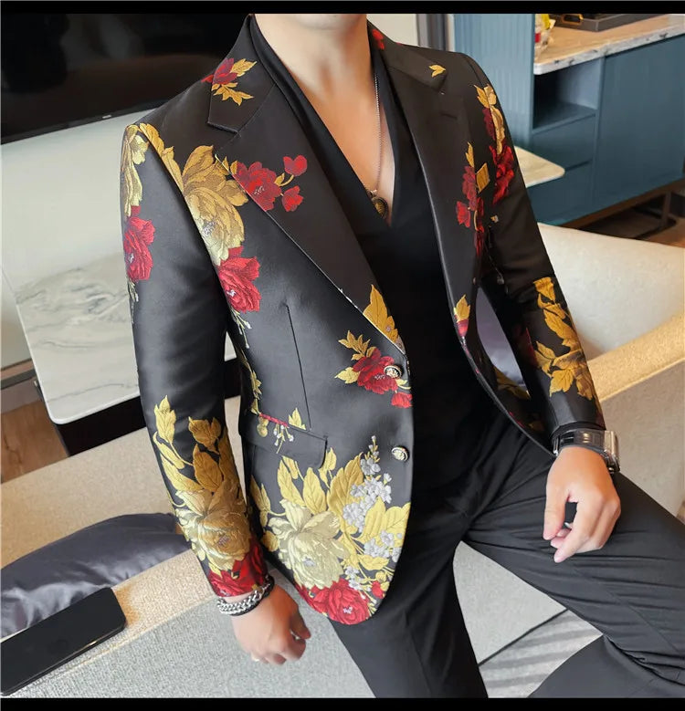 New Men Embroidered Jacquard Slim Fit Casual Suit Jacket Formal Prom Party Stage Costume Man Tuxedo Gentleman Blazers Suit Tops