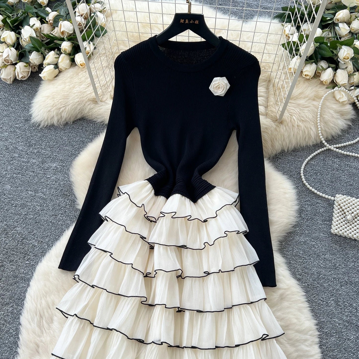 Autumn 3D Floral Spliced Long Dress 2025 Female O Neck Long Sleeves High Quality Slim Luxury Knitted Party Cake Dress