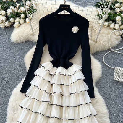 Autumn 3D Floral Spliced Long Dress 2025 Female O Neck Long Sleeves High Quality Slim Luxury Knitted Party Cake Dress