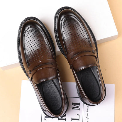Mens Black Penny Loafers With Perforated Detail Slip On Comfortable Breathable Dress Shoes For Business Office And Summer Wear