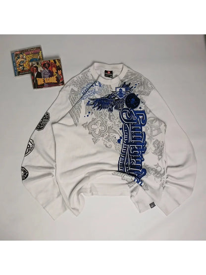 Y2K Nematode Phantom Thread Printing Long Sleeve T Shirt Loose and Heavy Style Old Washed Gothic Retro Street Fashion Top
