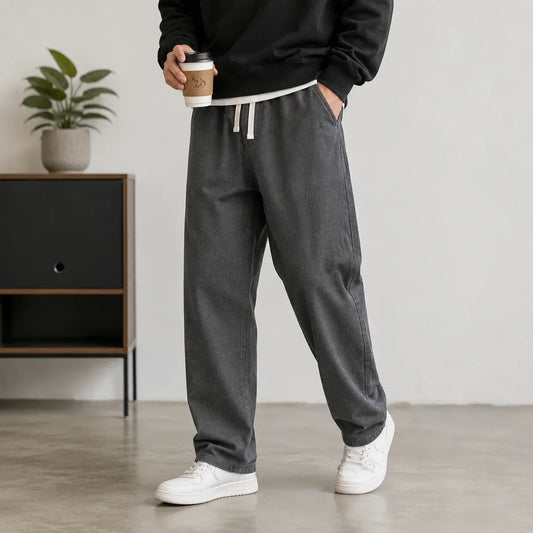 Spring and Autumn New American Drawstring Jeans for Men, Loose and Versatile Casual Pants, Trendy Washed Men's Pants