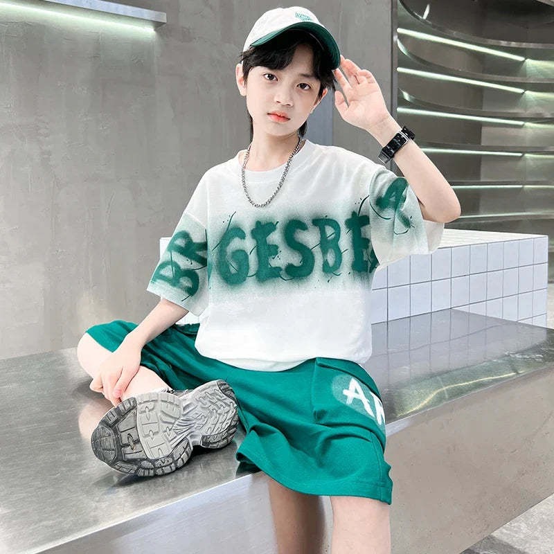 Hot Sale Teenager Boy Summer Tee Top and Bottom Clothes Set for Child Letter Print Cotton T-shirt + Shorts 2 Piece Clothing Suit