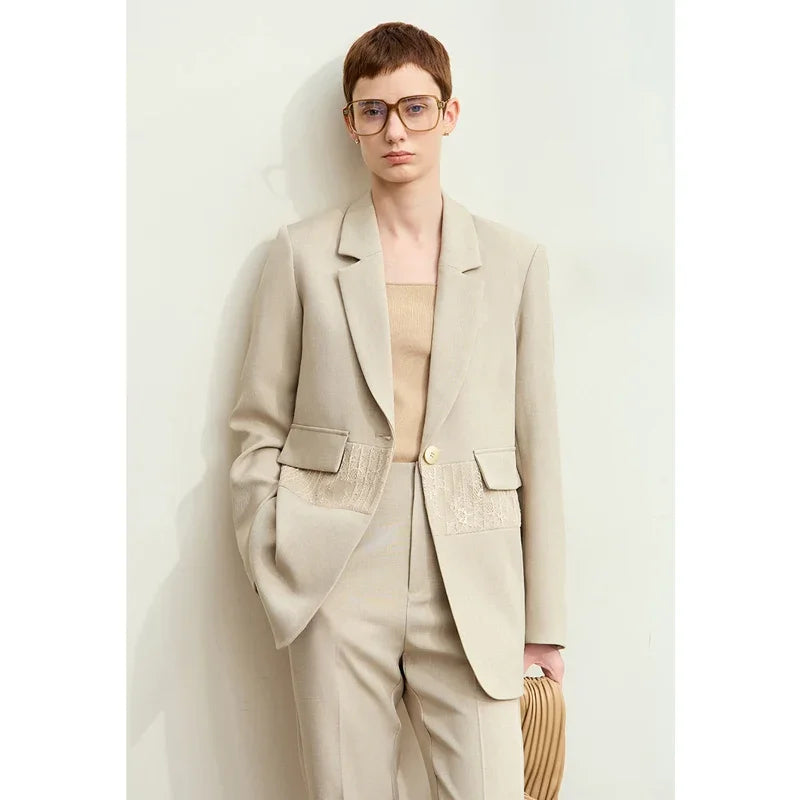 Minimalism 2025 Women's Blazer Autumn New Office Lady Lace Spliced Shoulder Professional Loose Female Notched Tops 12443009