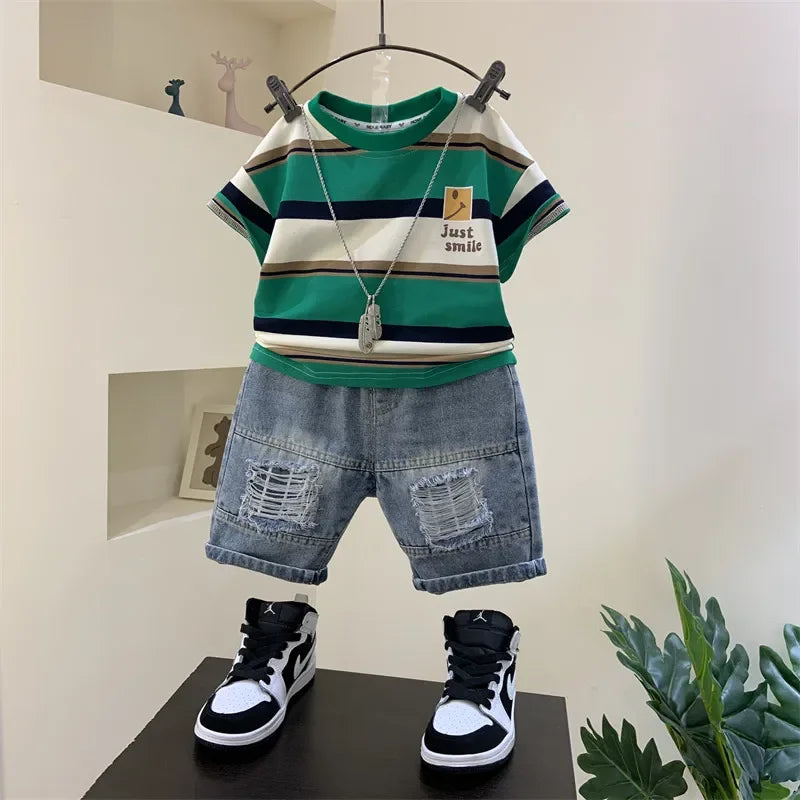 Korean Children's Summer Clothes Kids Set Outfits Boys 2026 Handsome Sleeveless&Short Sleeved T-shirt Denim Shorts 2-piece Set