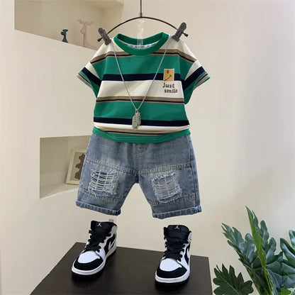 Korean Children's Summer Clothes Kids Set Outfits Boys 2026 Handsome Sleeveless&Short Sleeved T-shirt Denim Shorts 2-piece Set