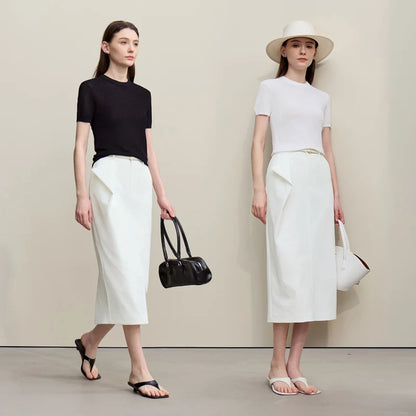 Women's Skirt 2026 Summer New Office Slit H-Line Midi Straight Casual Skirt Asymmetric Pleated Ladies Clothes 12642058