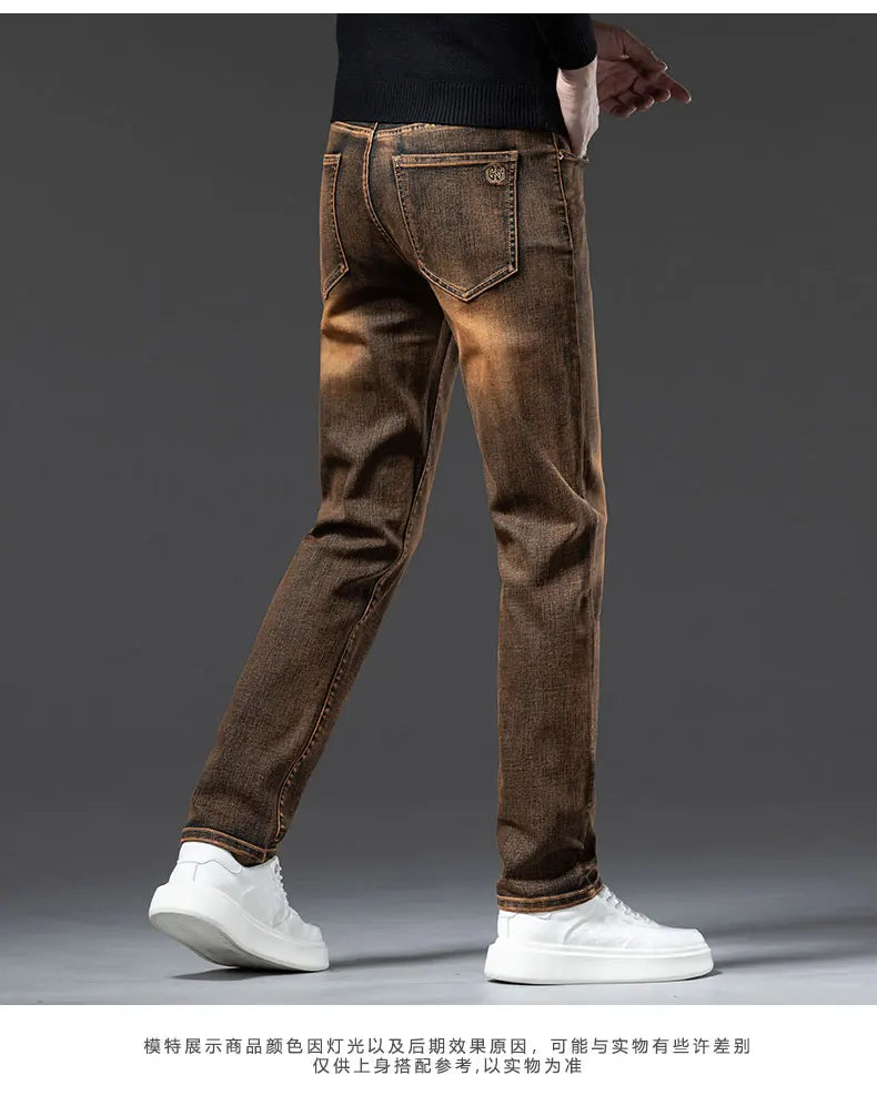 2025 New High-end High-quality Denim Double-core Cotton Elastic Jeans Retro Nostalgic Men's Straight-fit Trousers