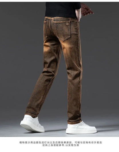 2025 New High-end High-quality Denim Double-core Cotton Elastic Jeans Retro Nostalgic Men's Straight-fit Trousers