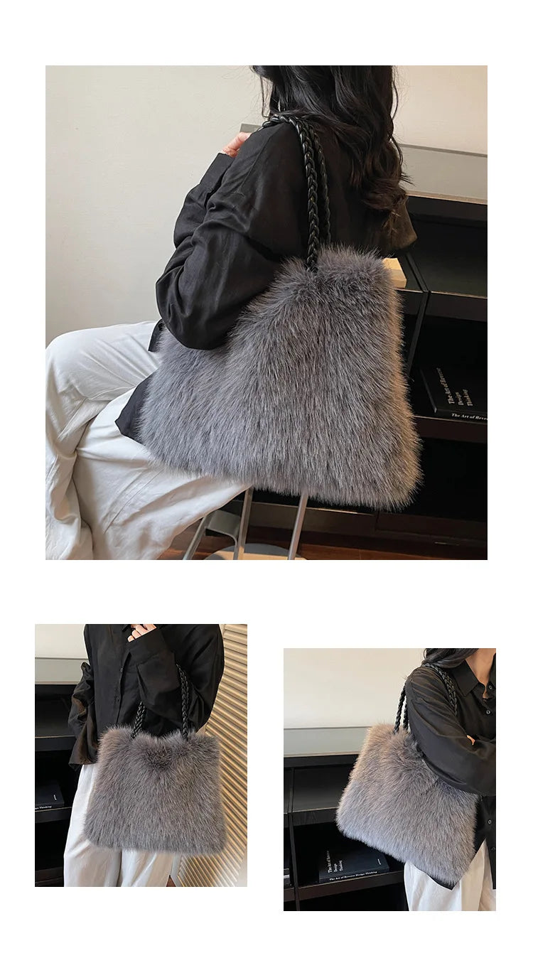 Fashion Women Furry Shoulder Bag Large Capacity Tote Handle Bag for Autumn Winter Outing Commuter Texture Versatile Storage Bags