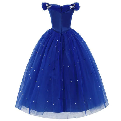 Cinderella Princess Same Cosplay Style Dark Blue Girl Luxury Dress Off-Shoulder Puff Skirt Christmas Party Gift Dress Set