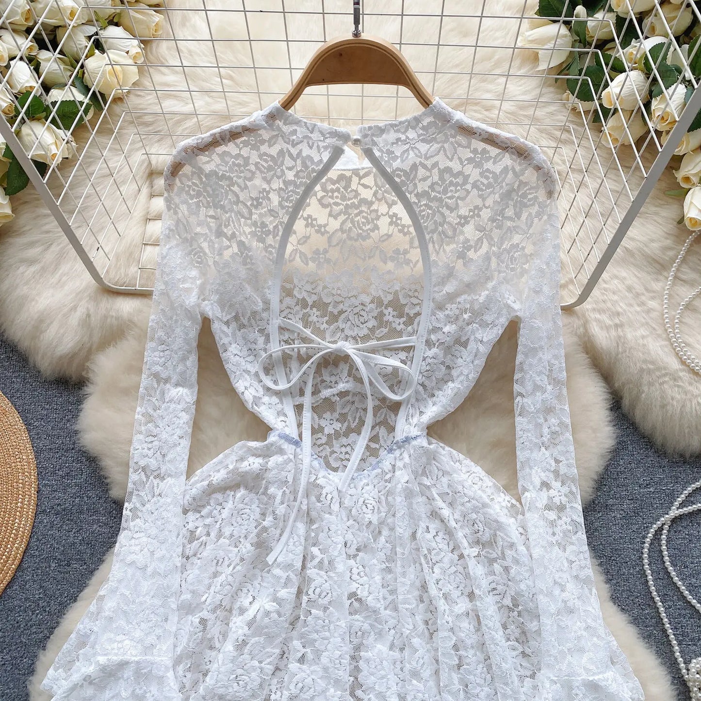Women's Autumn Mesh Lace Hollow Out White Short Dress Women Micro Flare Sleeve See Through Translucent Sexy Girl's Mini Dress