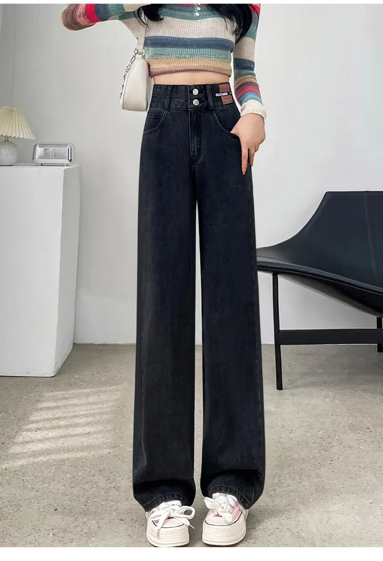 Slim Wide Leg Denim Jeans High Waist Double Bule Straight Cut Pants for Women Bla ey Autumn New Arrival Faionable Wea...
