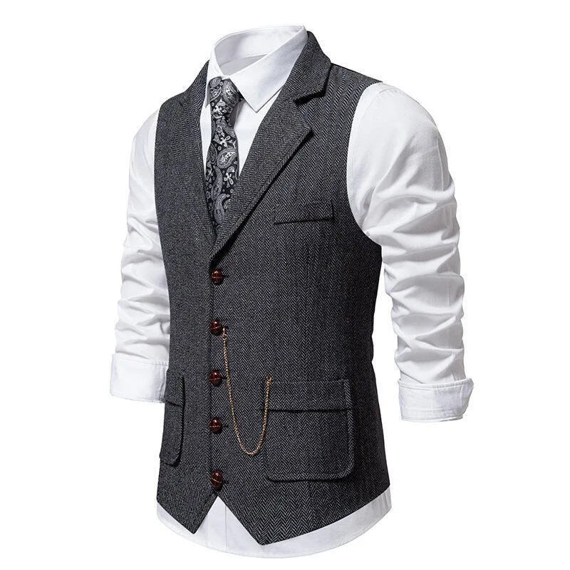 Man Suit Vest British Style Turn Down Collar Male Waistcoat Vintage Single-breasted Business Casual Men Coat Vest