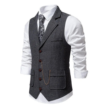 Man Suit Vest British Style Turn Down Collar Male Waistcoat Vintage Single-breasted Business Casual Men Coat Vest