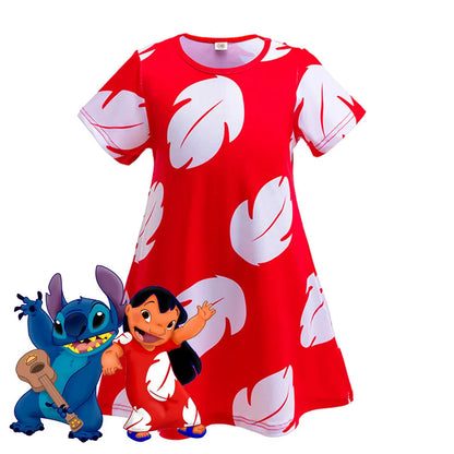 Costume Girl Cosplay Red Dress Short Sleeve Pajamas Hawaiian Printed Dress Summer Beach Outfit + Stitch Doll Set