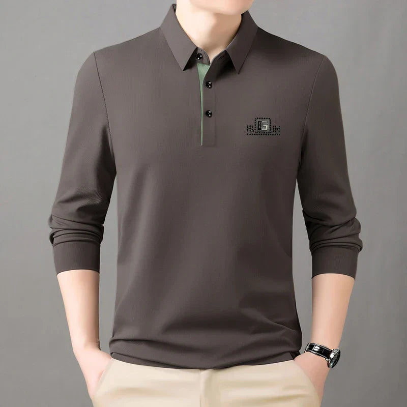 High End Brand Quality Men's Polo Shirt Autumn Exquisite Solid Color Letter Print Lapel Long Sleeve Business Classic Menswear