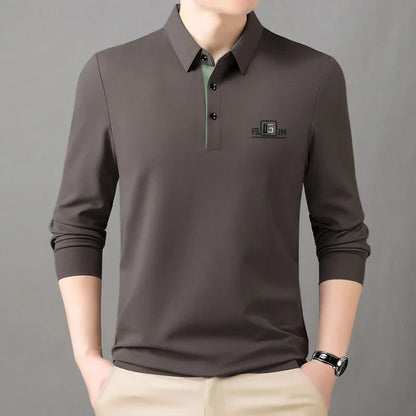 High End Brand Quality Men's Polo Shirt Autumn Exquisite Solid Color Letter Print Lapel Long Sleeve Business Classic Menswear