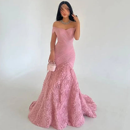 Customized High quality Exquisite Classic Jersey Pleat Handmade Flower Ball Off-the-shoulder Long Dresses Prom Dresses Matching