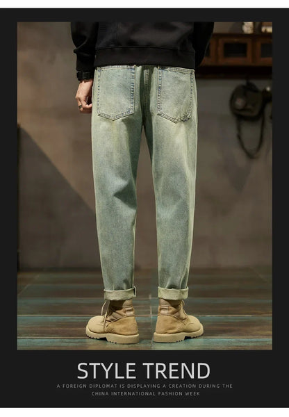 Men's Spring 2026 Loose Harem Pants Denim Retro Solid Comfortable Harajuku Straight Jeans Simple Fashion Versatile Cargo Trouser