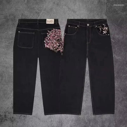 blossom embroidered pattern jeans Y2K loose men women zipper jeans wide leg pants Gothic Harajuku American style streetwear