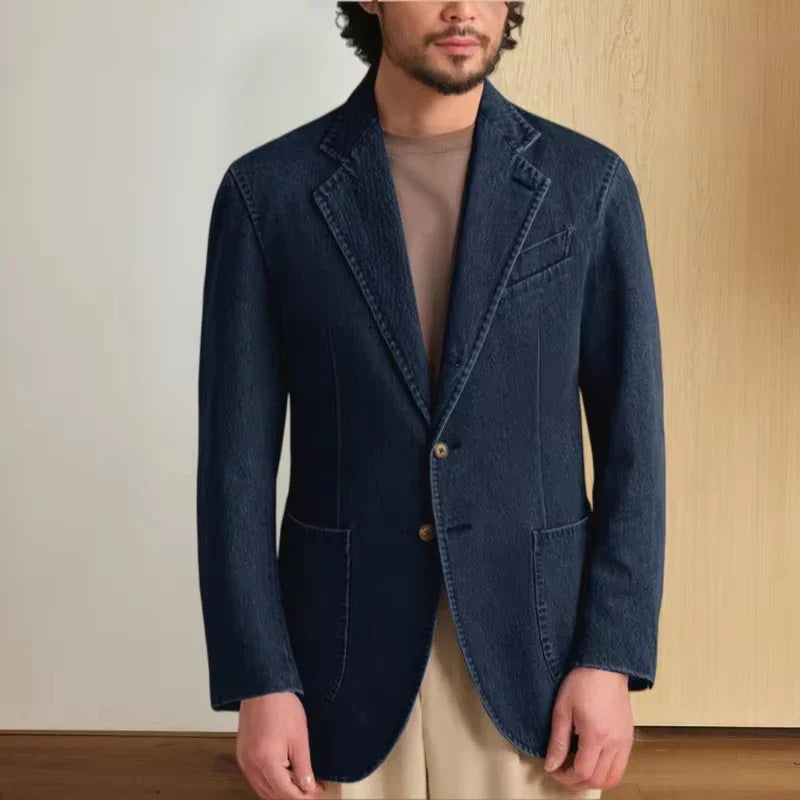 Men's Stretch Denim Blazer Classic Fit Notch Lapel 2 Button Suit Jacket Soft Breathable Business Casual Sport Coat with Pockets