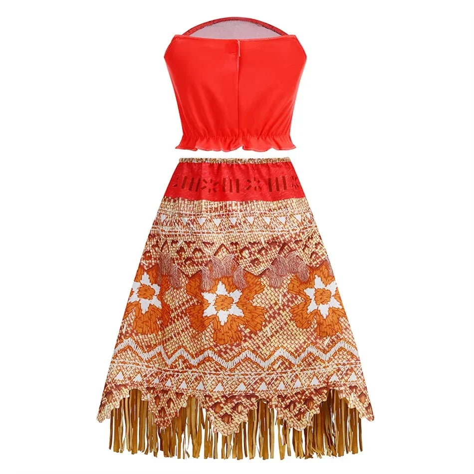 Girls Moana Princess Dress for Kids Carnival Cosplay Vaiana Costume Children Birthday Party Headwear Necklace Flower Clothes Set