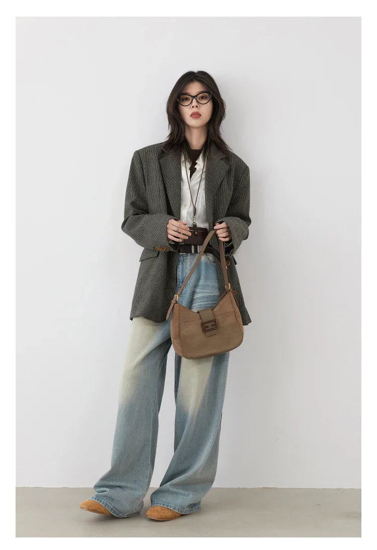 Women's Woolen Blazer Loose Retro Single Breasted Female Jacket Mid Length Plaid Coat for Woman Autumn Winter 2024