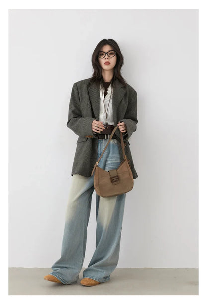 Women's Woolen Blazer Loose Retro Single Breasted Female Jacket Mid Length Plaid Coat for Woman Autumn Winter 2024
