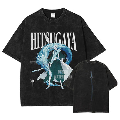 Anime B-Bleach T-Shirt Oversized Vintage Washed Zaraki Kenpachi T-Shirts Retro Harajuku Ichigo Rukia Tops Tees Man 100% Cotton
