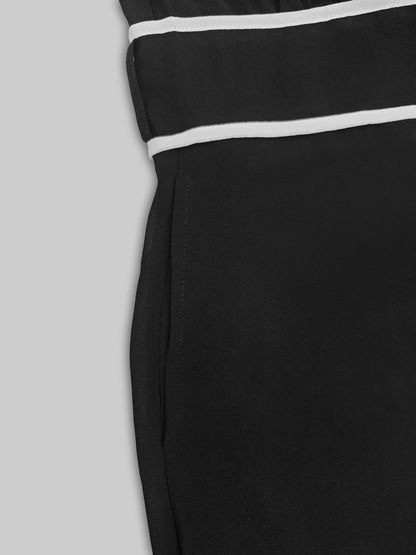 French Elegant Chiffon Maxi Dress, High Neck Long Sleeve with White Piping Trim, Ideal for Office, Business, Banquets & Parties